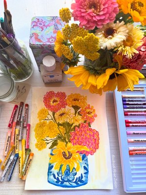 Impressionist Zinnias and Sunflowers – Pastel Still Life in Blue and White Vase