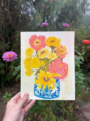 Impressionist Zinnias and Sunflowers – Pastel Still Life in Blue and White Vase