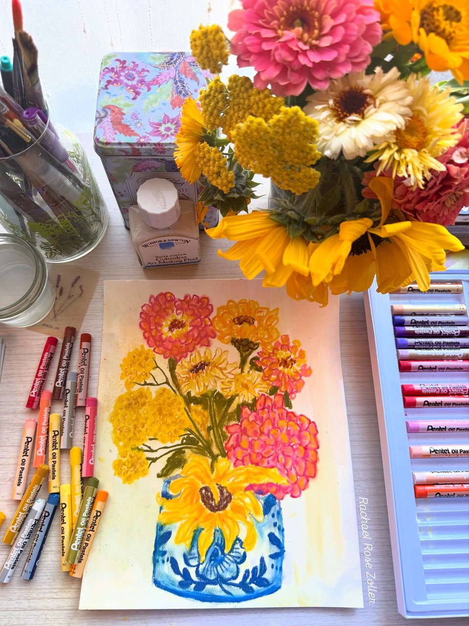 Impressionist Zinnias and Sunflowers – Pastel Still Life in Blue and White Vase