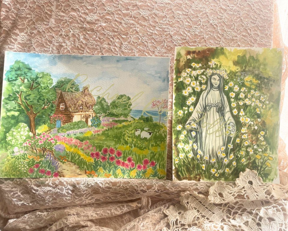 Original Painting “Our Lady of the Daisies” 8x10" Watercolor & Gouache
