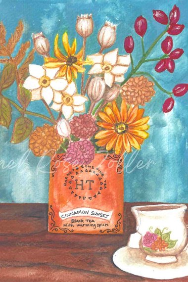 Cinnamon Sunset Autumn Boquet Original Gouache Painting 8x10"