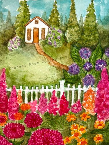Print of Cottage Garden Watercolor Painting 