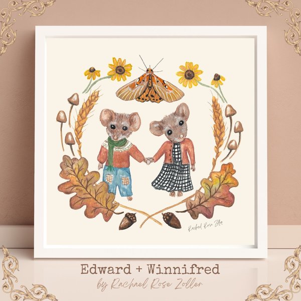 Autumn Mice Cozy Cottagecore Illustration by Rachael Rose Zoller cute fall art Harvest Moth Sunflower