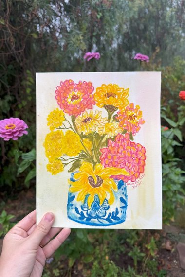Impressionist Zinnias and Sunflowers – Pastel Still Life in Blue and White Vase
